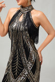 Bodycon Halter Svart Gyllene Paljett 1920-tal Klänning Med Fransar