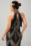 Bodycon Halter Svart Gyllene Paljett 1920-tal Klänning Med Fransar
