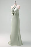 Dusty Sage Slida Halter Neck Satin Lång Brudtärna Klänning