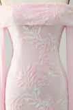 Glittrande Rosa Bodycon Off The Shoulder Paljett Homecoming Klänning med Långa Ärmar