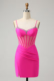 Glitter Fuchsia pärlstav Tight Korsett Kort Homecoming Klänning med slits