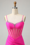 Glitter Fuchsia pärlstav Tight Korsett Kort Homecoming Klänning med slits