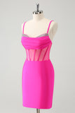 Glitter Fuchsia Spaghetti Remmar Tight Korsett Homecoming Klänning med Beading