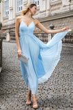 Himmelsblå En linje Plisserad Chiffong Tea Längd Klänning med Snörning Upp Tillbaka