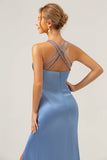 Blå Mermaid Spaghetti Straps Lång Satin Brudtärna Klänning med Slits