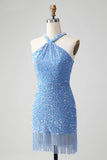 Glittrande Royal Blue Bodycon Halter Paljett Kort Homecoming Klänning med Tofs