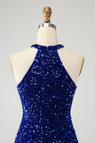 Glittrande Royal Blue Bodycon Halter Paljett Kort Homecoming Klänning med Tofs