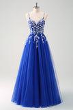 Glittrande A-linje Royal Blue Spaghetti Remmar Korsett Lång Prom Klänning