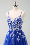 Glittrande A-linje Royal Blue Spaghetti Remmar Korsett Lång Prom Klänning
