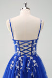 Glittrande A-linje Royal Blue Spaghetti Remmar Korsett Lång Prom Klänning