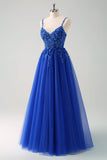 Glittrande A-linje Royal Blue Spaghetti Remmar Korsett Lång Prom Klänning