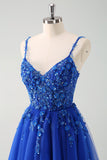 Glittrande A-linje Royal Blue Spaghetti Remmar Korsett Lång Prom Klänning