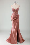 Royal Blue Mermaid Spaghetti Straps veckade Appliqued Prom Klänning