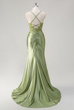 Royal Blue Mermaid Spaghetti Straps veckade Appliqued Prom Klänning