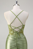 Royal Blue Mermaid Spaghetti Straps veckade Appliqued Prom Klänning
