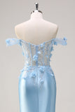 Himmelsblå Sjöjungfru Från Axeln Korsett Blommig Lång Balklänning med 3D Blommor