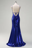Royal Blue Mermaid V-ringad pärlstav Satin Balklänning med öppen rygg