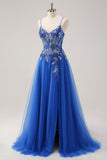 Royal Blue A Line Spaghetti Straps Korsett Tyll Balklänning med broderi