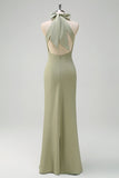 Elegant Salvia Halter Sjöjungfru Satin Golvlång Brudtärna Klänning