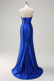 Royal Blue Mermaid Axelbandslös Korsett Paljett Rynkad Lång Balklänning med Slits