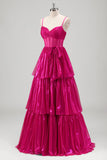 Glittrande En linje Fuchsia Korsett Tiered Spaghetti Straps Metallisk Balklänning