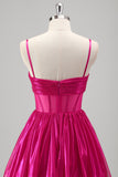 Glittrande En linje Fuchsia Korsett Tiered Spaghetti Straps Metallisk Balklänning