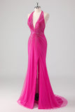 Fuchsia Mermaid Halter Öppen Rygg Pärlstav Lång Balklänning med Slits