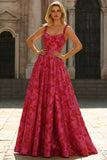 Fuchsia A-linje blommig spaghettiband Jacquard Brocade lång balklänning
