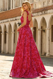 Fuchsia A-linje blommig spaghettiband Jacquard Brocade lång balklänning