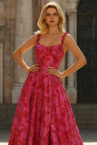Fuchsia A-linje blommig spaghettiband Jacquard Brocade lång balklänning
