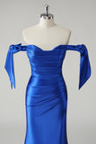 Royal Blue Mermaid Off The Shoulder veckad balklänning