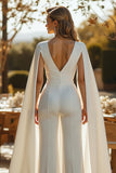 Elfenben V-hals Cape Ärm Bröllop Jumpsuits