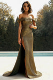 Guld Av Axeln Slida Metallic Satin Balklänning Med Slits