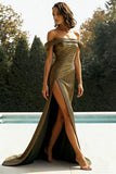 Guld Av Axeln Slida Metallic Satin Balklänning Med Slits
