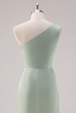 Enkel Satin Salvia Grön One Shoulder Brudtärna Klänning med slits