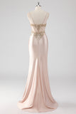 Glittrande Champagne Korsett Appliques Balklänning med slits