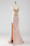 Glittrande Champagne Korsett Appliques Balklänning med slits