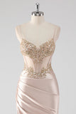 Glittrande Champagne Korsett Appliques Balklänning med slits