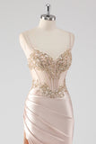 Glittrande Champagne Korsett Appliques Balklänning med slits