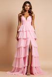 Rodnande Rosa Spaghetti Straps Tiered Lång Prom Klänning Med Ruffles