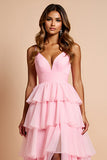 Rodnande Rosa Spaghetti Straps Tiered Lång Prom Klänning Med Ruffles