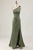 One Shoulder Eucalyptus Mermaid Lång Brudtärna Klänning med Slits