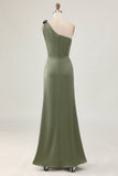 One Shoulder Eucalyptus Mermaid Lång Brudtärna Klänning med Slits