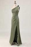 One Shoulder Eucalyptus Mermaid Lång Brudtärna Klänning med Slits