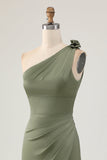 One Shoulder Eucalyptus Mermaid Lång Brudtärna Klänning med Slits