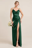 Oliv Fodral Satin Maxi Brudtärna Klänning med Slits