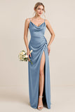 Oliv Fodral Satin Maxi Brudtärna Klänning med Slits