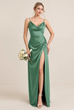 Oliv Fodral Satin Maxi Brudtärna Klänning med Slits