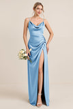Oliv Fodral Satin Maxi Brudtärna Klänning med Slits
