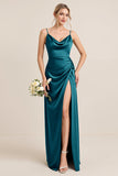 Oliv Fodral Satin Maxi Brudtärna Klänning med Slits